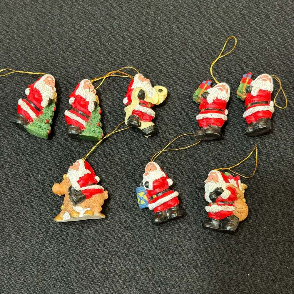 8 Vintage 1.5" Painted Resin Santa Claus Christmas Ornaments